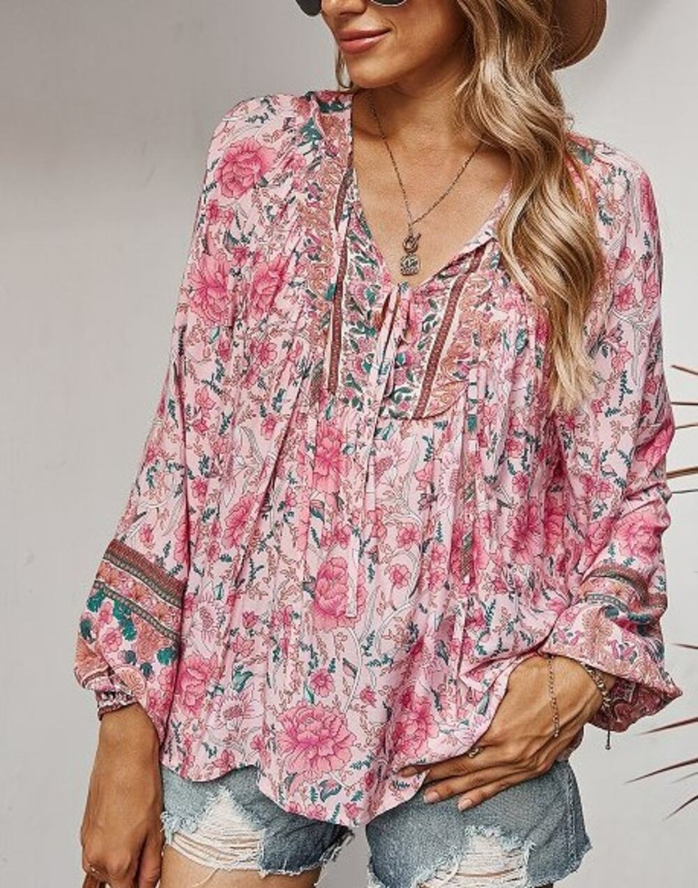 Women's Boho Pink Floral Tie-Neck Peasant Blouse - Large